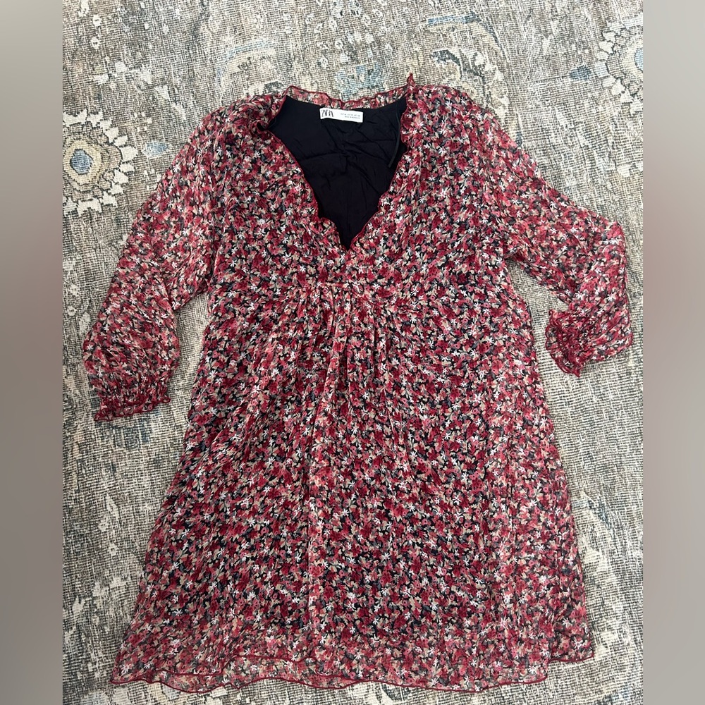ZARA Pink-Red Floral Long-Sleeve Dress